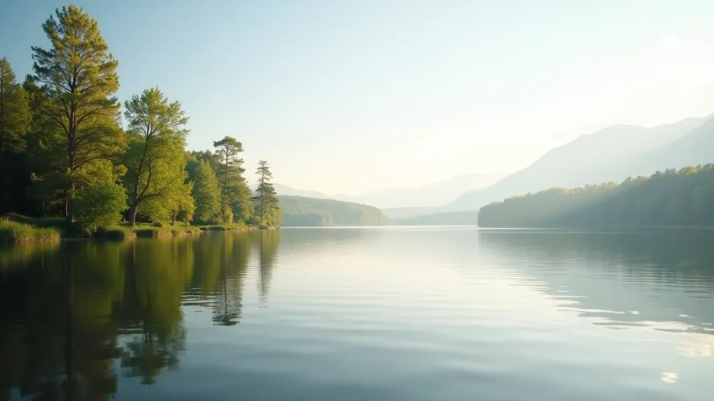 Atvira ežero perspektyva su tolimais medžiais horizonte ir šviesiais vandens atspindžiais