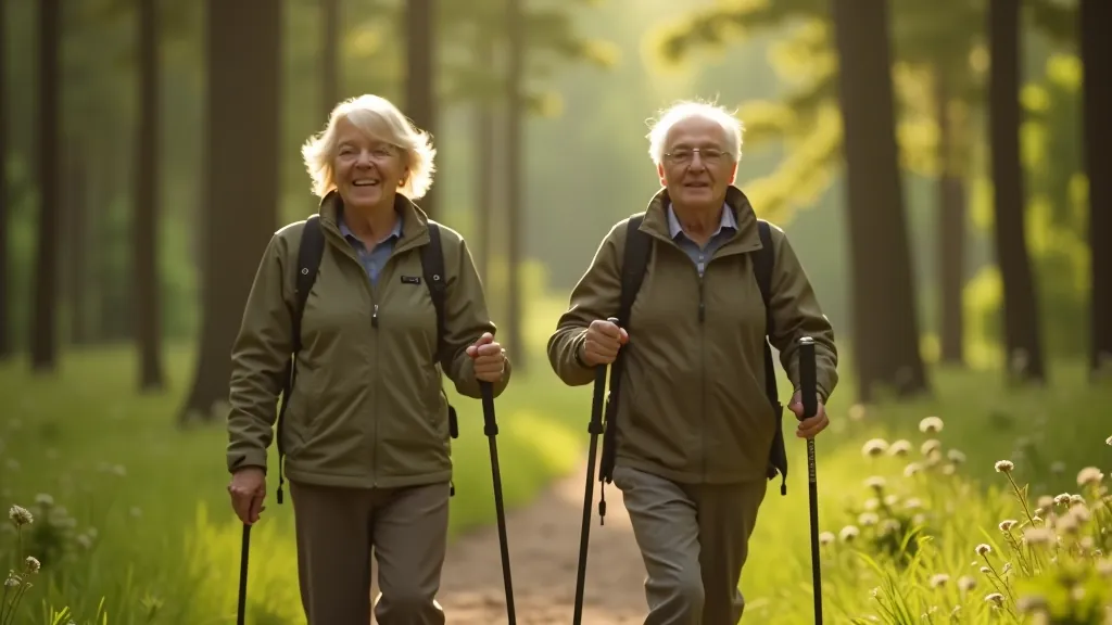 Dvi seniori žmonės ėjimu miške su žygiu lazdomis, šalti oras, mėlynas dangus, saugus ir linksmimas žygis